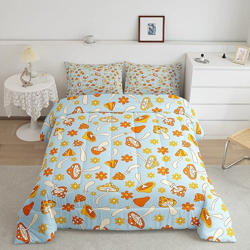 Erosebridal Juego de ropa de cama con diseño de hongos hippie para niños, diseño floral, bohemio, retro, de los años 70, decoración de edredón,