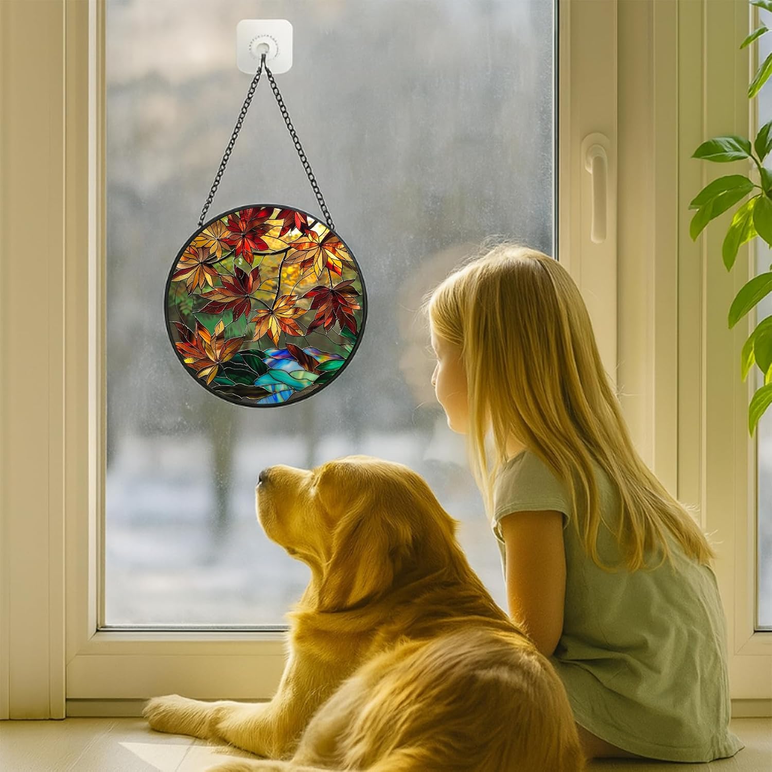 Autumn Leaves Stained Glass Window Hanging Panel – Nature Fall Suncatcher Wall Art for Home Window Decor and Gift