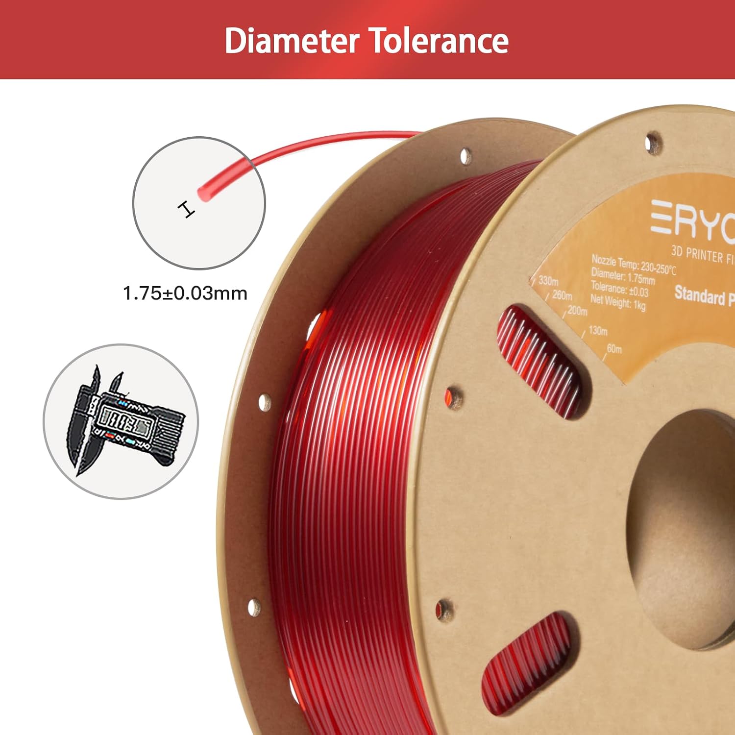 ERYONE PETG Filament 1.75mm +/- 0.03mm, Clear Transparent PETG 3D Printing Filament, High Speed 30-500mm/s, 1kg (2.2LBS) / Spool, Transparent Red