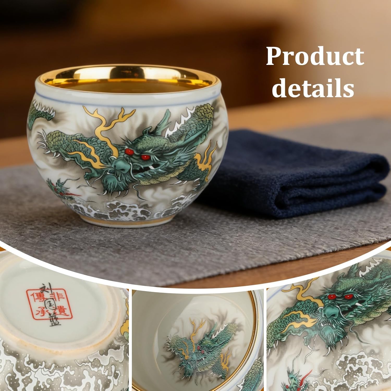 Minya Konka Chinese Dragon Tea Cup, 24K Gold Plated Rim Porcelain Espresso Cup, 5.1 oz Hand-Painted Ceramic Tea Cup with Embossed Green Dragon, Luxury Gift Set in Gift Box
