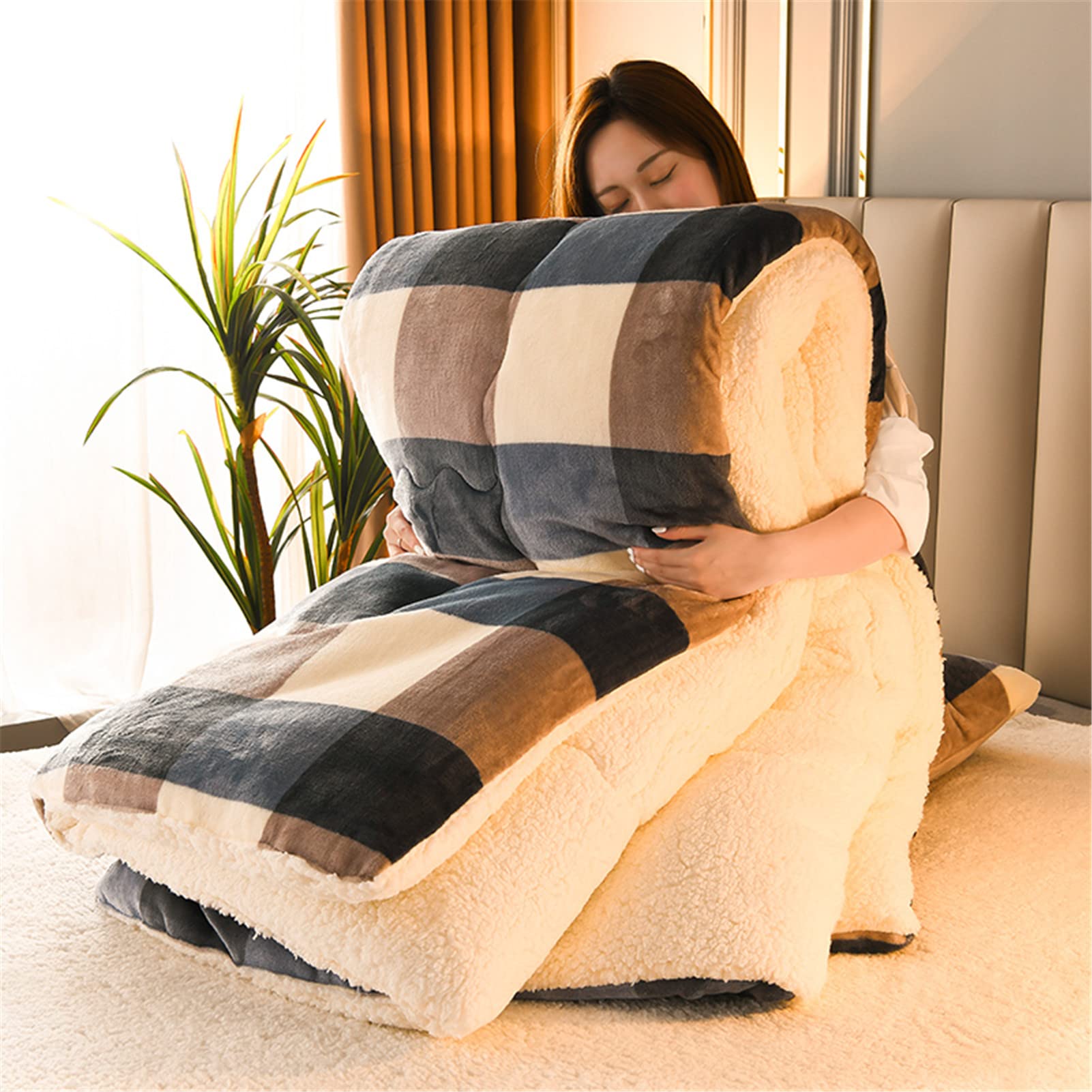 Dzyp Plaid Cashmere Fabric Quilt Lamb Velvet Duvet, Winter Soft Luxury Thick Fluffy Warm Anti-Allergy Hypoallergenic Wool Comforter (,150 * 200Cm (1.75Kg))
