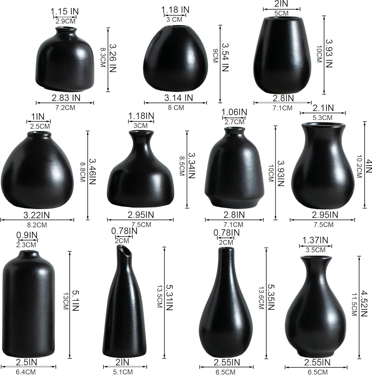 Tanvecle Black Ceramic Bud Vase Set of 11, Small Vases for Pampas Grass, Flowers, Mini Vases for Modern Home Decor, Minimalist Decor, for Living Room, Dining Table & Shelves