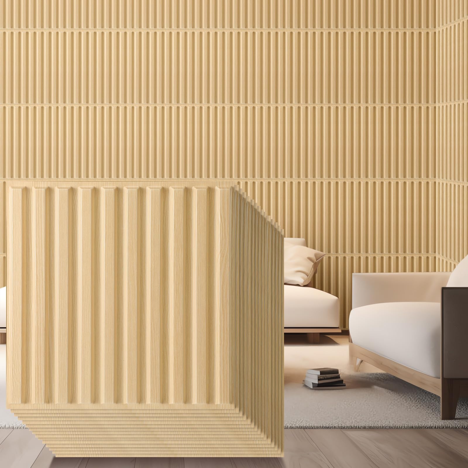 Photo 1 of Nuanchu 60 Pcs 3D Slat Wall Panels, 12"x12" Oak PVC Fluted Wall Paneling for Interior Decor, Paintable Waterproof Textured Tiles for Living Room TV Background Gaming Room, 58 Sq. ft Coverage