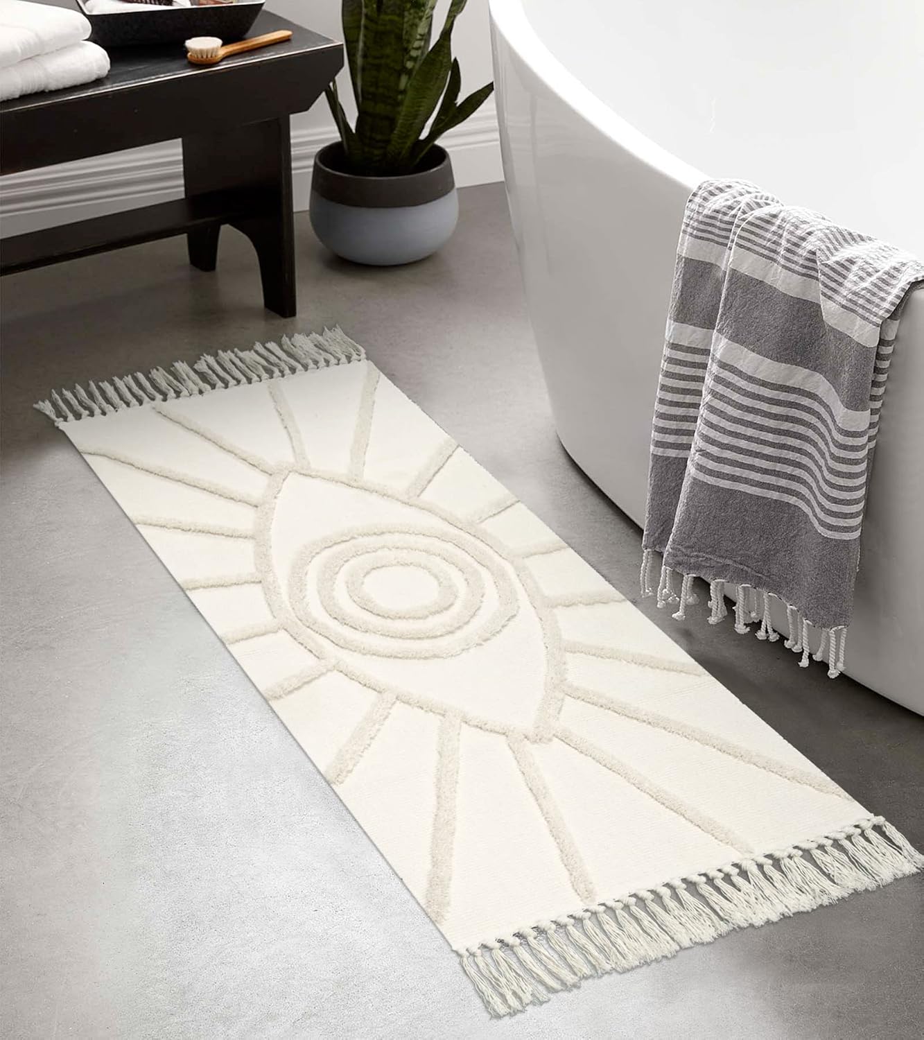 Uphome Kitchen Runner Rug 2'x4.3' Beige Evil Eye Tufted Boho Rug with Tassels Soft Cotton Washable Entryway Rugs Modern Minimalist Accent Rug for Bedroom Doormat Hallway Laundry Room