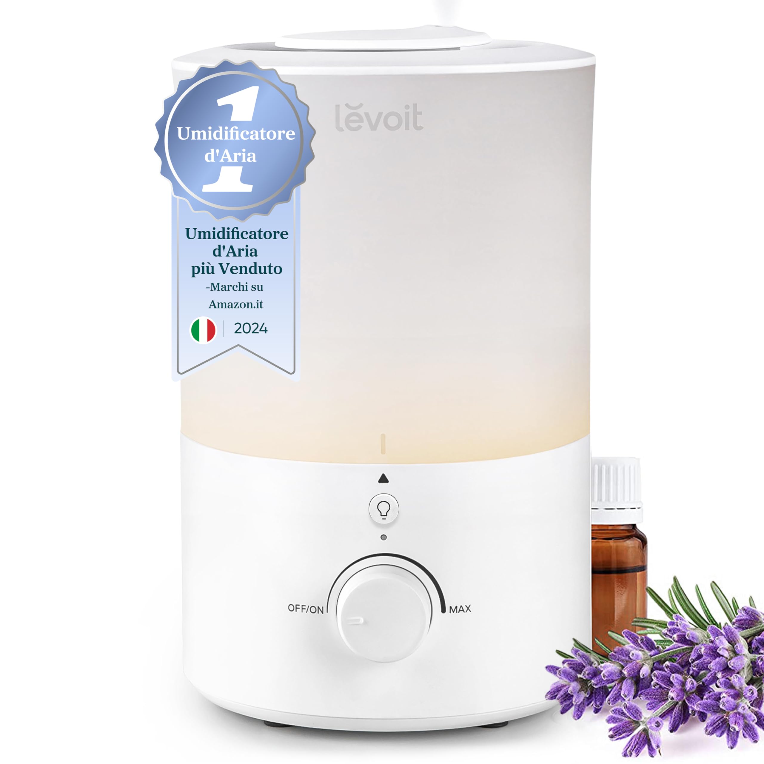 LEVOIT Umidificatore Ambiente, Top Fill, 3L/25H di Durata, 28dB Silenzioso, con Luce e Aromaterapia, Auto Spegnimento, Ugello a 360°, Facile Pulizia della Lavastoviglie, per Qualsiasi Camera