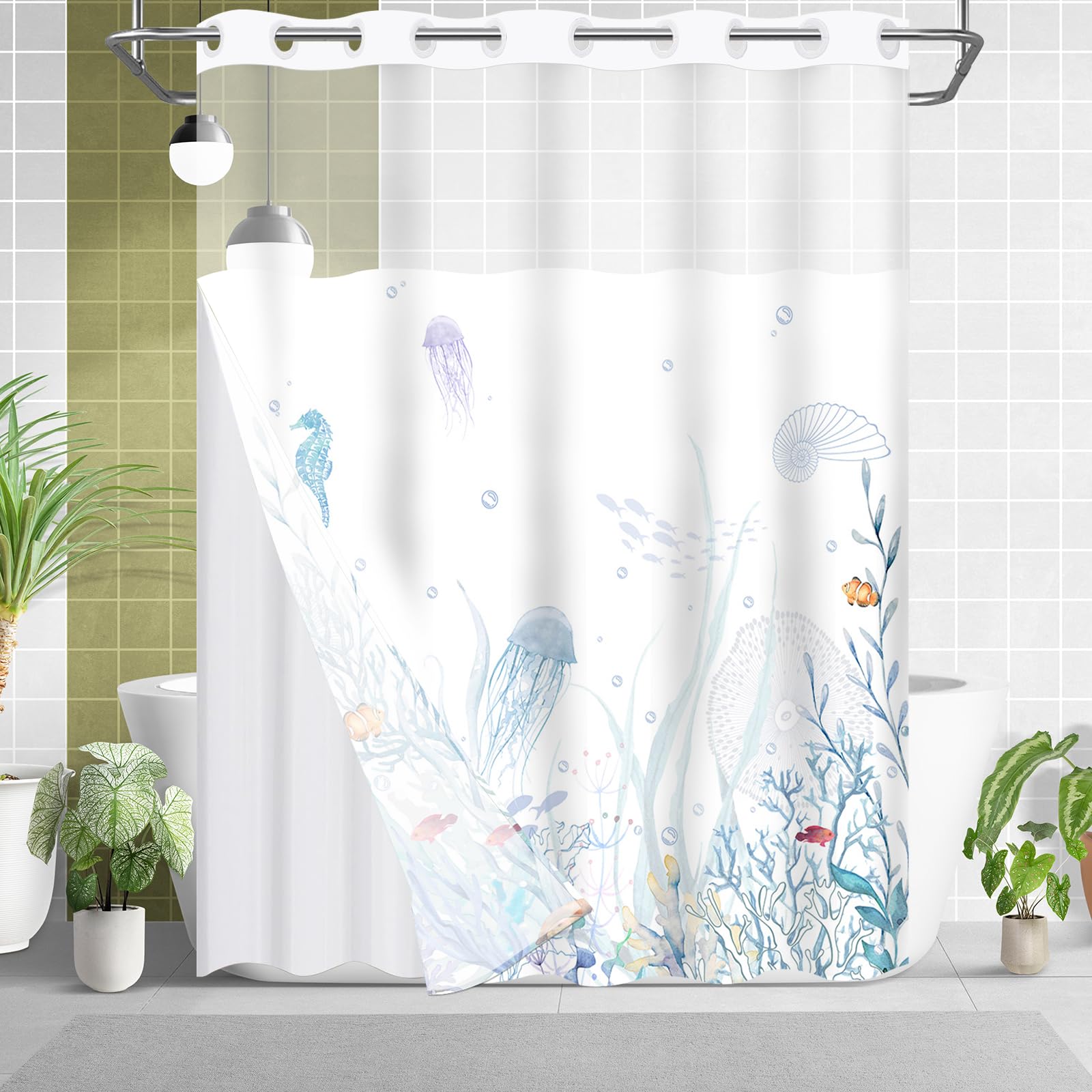 Ocean Coral No Hook Shower Curtain with Snap in Replacement Liner Set 72"x72" Waterproof Polyester Hotel Shower Curtain with See Through Mesh Top Window (Ocean)