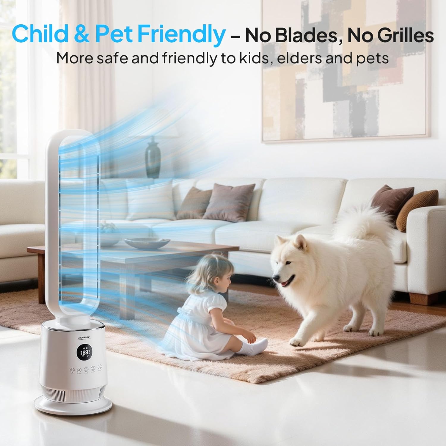 ROVSUN Smart Bladeless Fan, 32" Bladeless Tower Fan for Bedroom, Quiet Oscillating Tower Fan with Remote, Portable Cooling Fan with 12H Timer, 3 Speeds, 3 Modes, Ideal for Home, Bedroom, Office