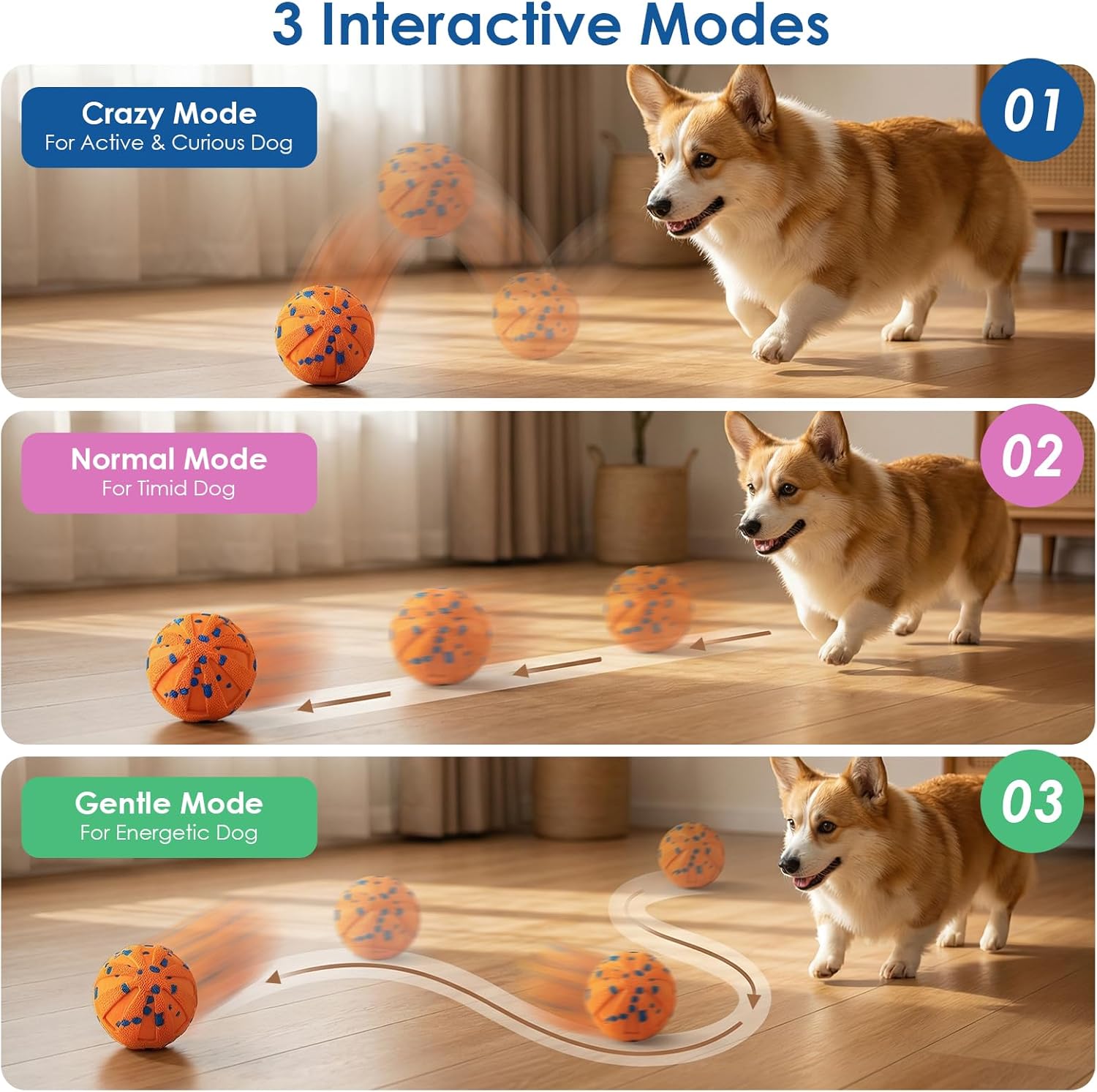 Interactive Dog Ball Toy for Medium Large Dogs, Durable E-TPU Bouncing Ball with Rechargeable Battery, Waterproof for Outdoor Play, Keeps Dogs Engaged (Blue)