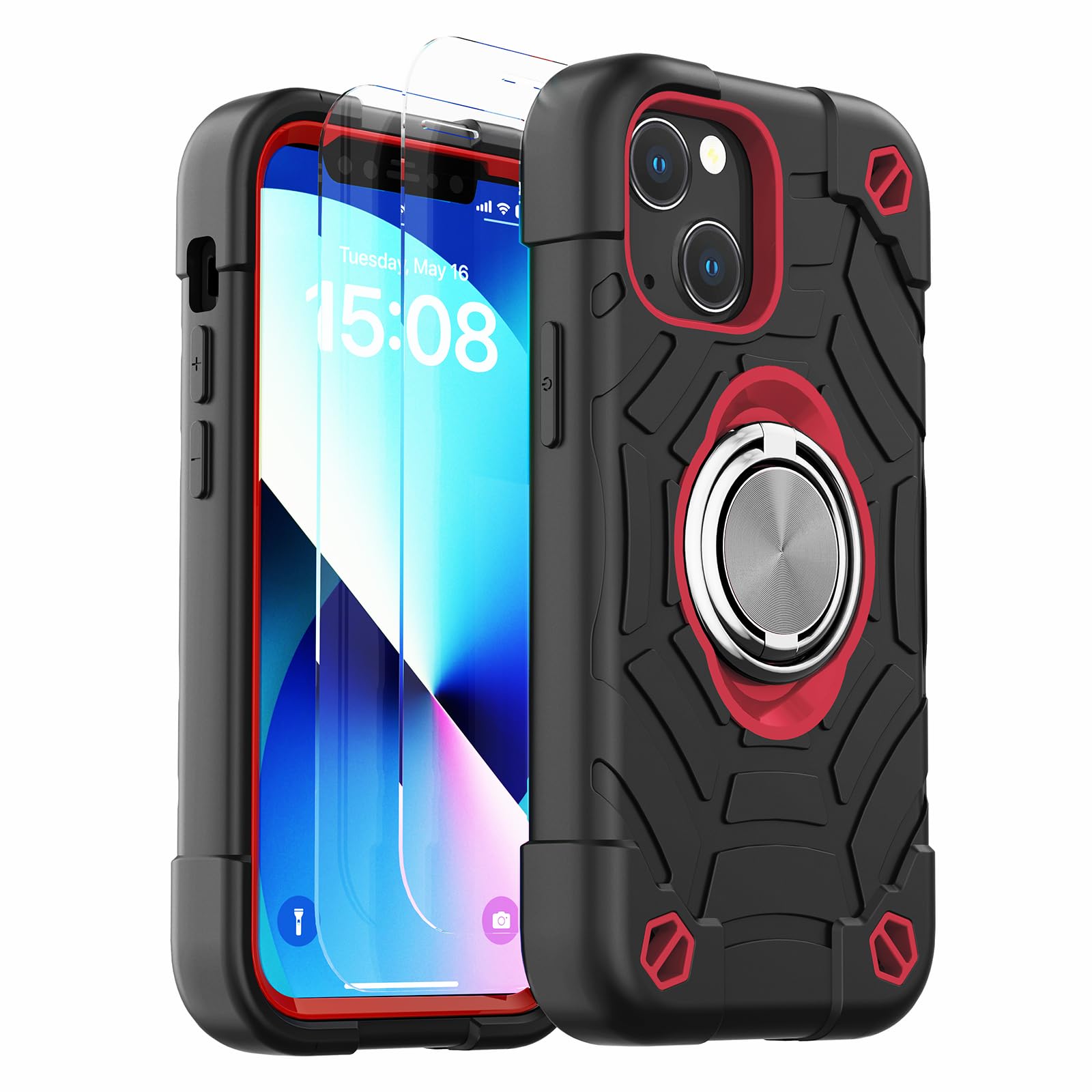 KCJ for iPhone 13 Mini Case/iPhone 12 Mini Case with [2×Screen Protectors+1xCamera Lens Protector] &Kickstand Soft Silicone+Hard PC Full Body