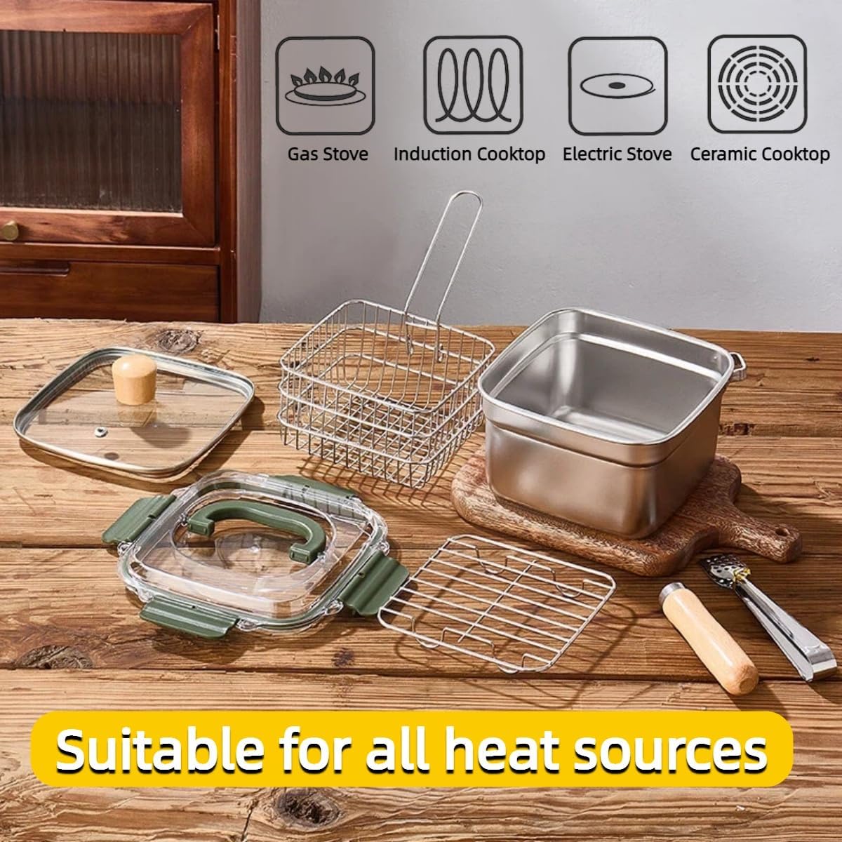 4 in 1 Deep Fryer Pot with Basket & Steamer Rack,Stainless Steel Stovetop Fryer,Detachable Handle Converts to Food Storage Container,Induction,Gas,Electric,Ceramic, Dishwasher Safe,2.8Qt