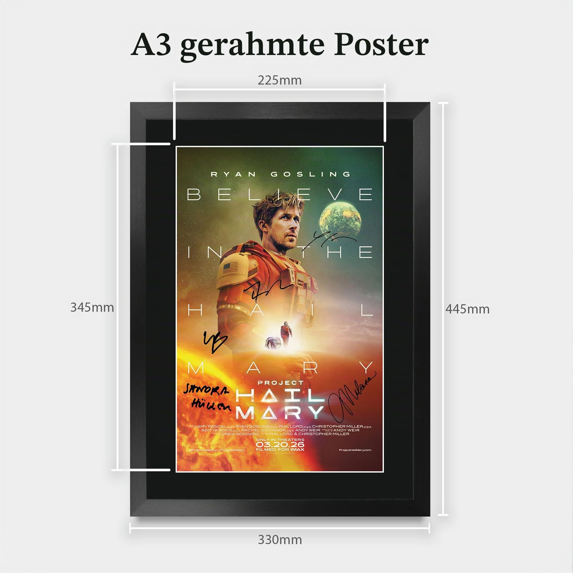 HWC Trading Project Hail Mary Geschenke Geduckter Poster Signiertes Autogramm Foto für Fans von Film Memorabilien - A3 Gerahmt (ID-006209)