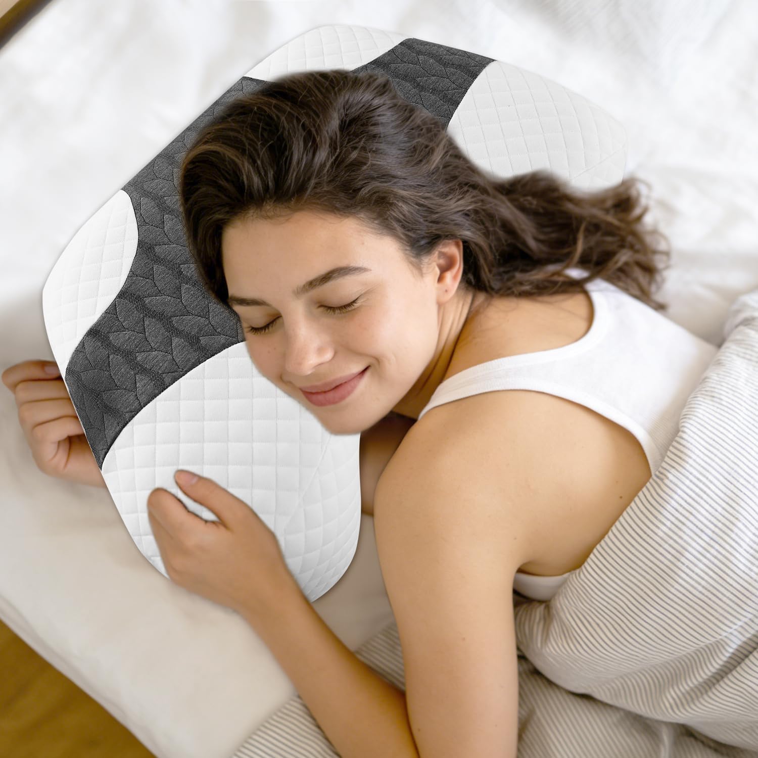 Side Sleeper Pillow with Arm Hole - Memory Foam Pillow for Neck & Shoulder Pain Relief, 3-in-1 Design for Back/Stomach Sleepers, Grey