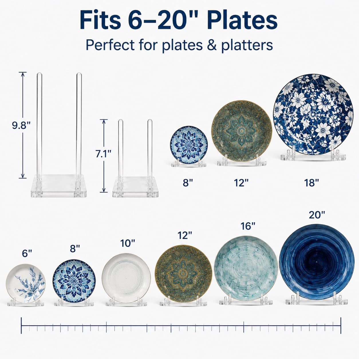 Large Plate Stands for Display 6–20 In, Adjustable Acrylic Holders