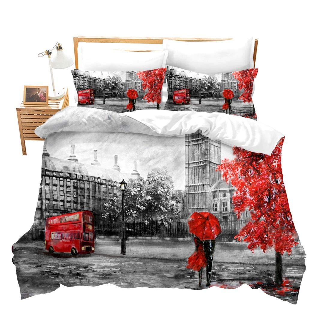 Loussiesd Boys Red White London Bedding Set For Couples Soft Microfiber Big Ben Duvet Cover Grey Red Double Decker Bus Pattern Comforter Cove Decorative Cityscape Bedspread Cover Street Double Zipper&Ties