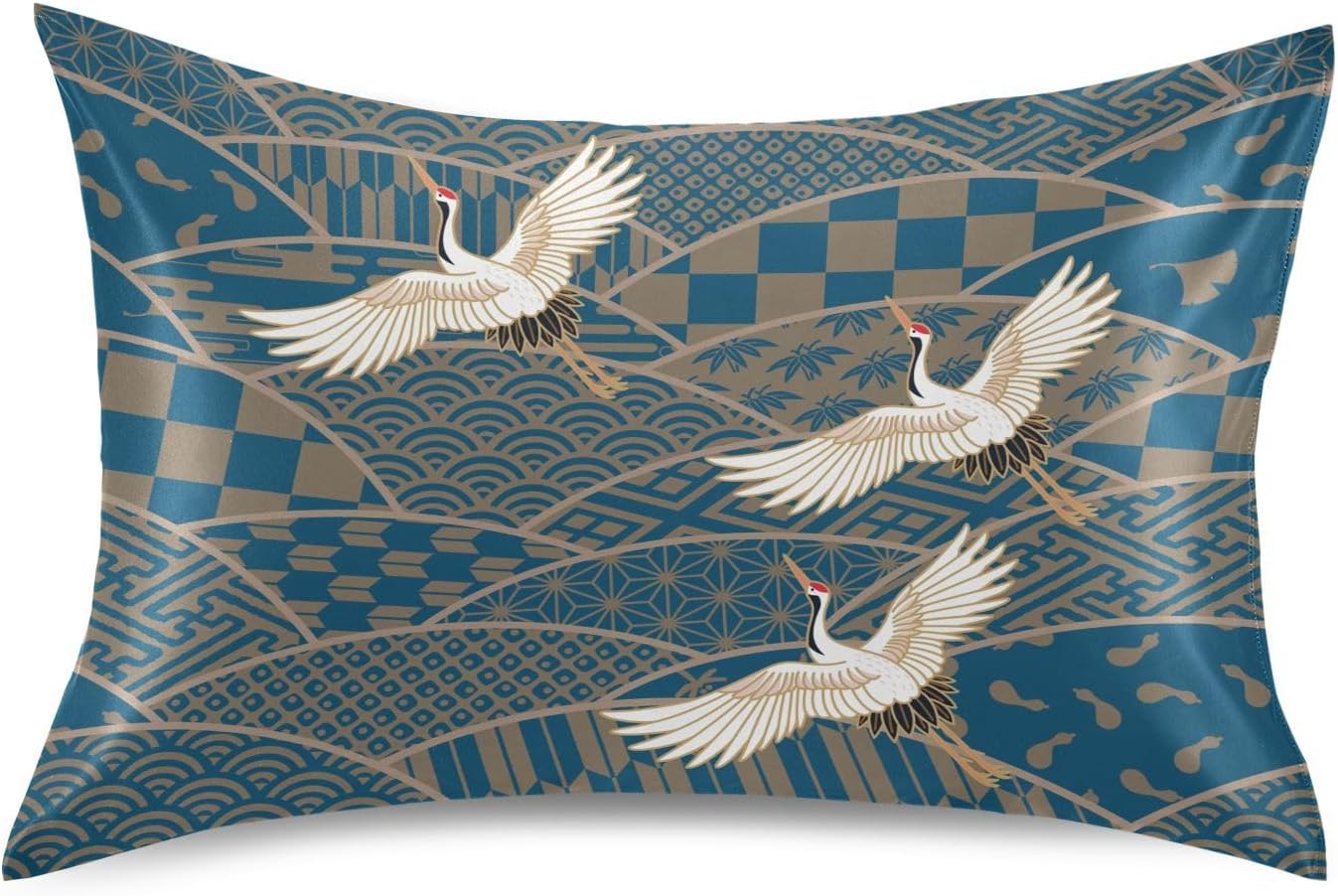 Vintage Japanese Bird Crane Satin Pillowcase for Hair and Skin | Antique Traditional Crane Pattern Pillow Cases, Asian Oriental Art Cushion Covers with Envelope Closure 20x26 Inch