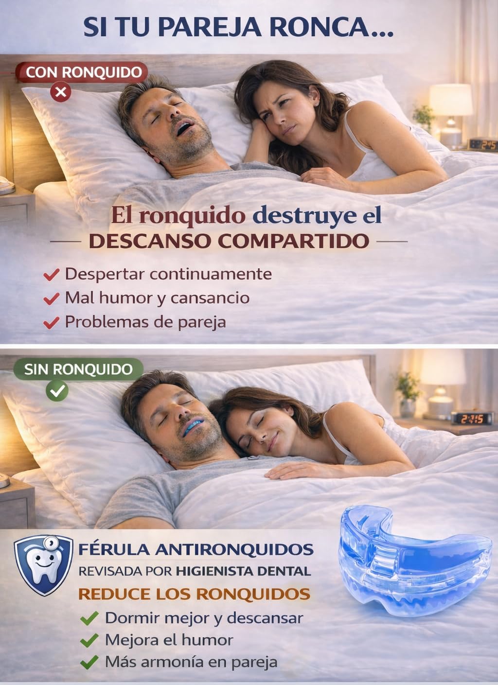Férula Antirronquidos de Avance Mandibular Revisada por Higiénista Dental- Termoformable- Dispositivo de Avance Mandíbular -Ayuda a Reducir los Ronquidos, Guía Diseñada por Higiénista.
