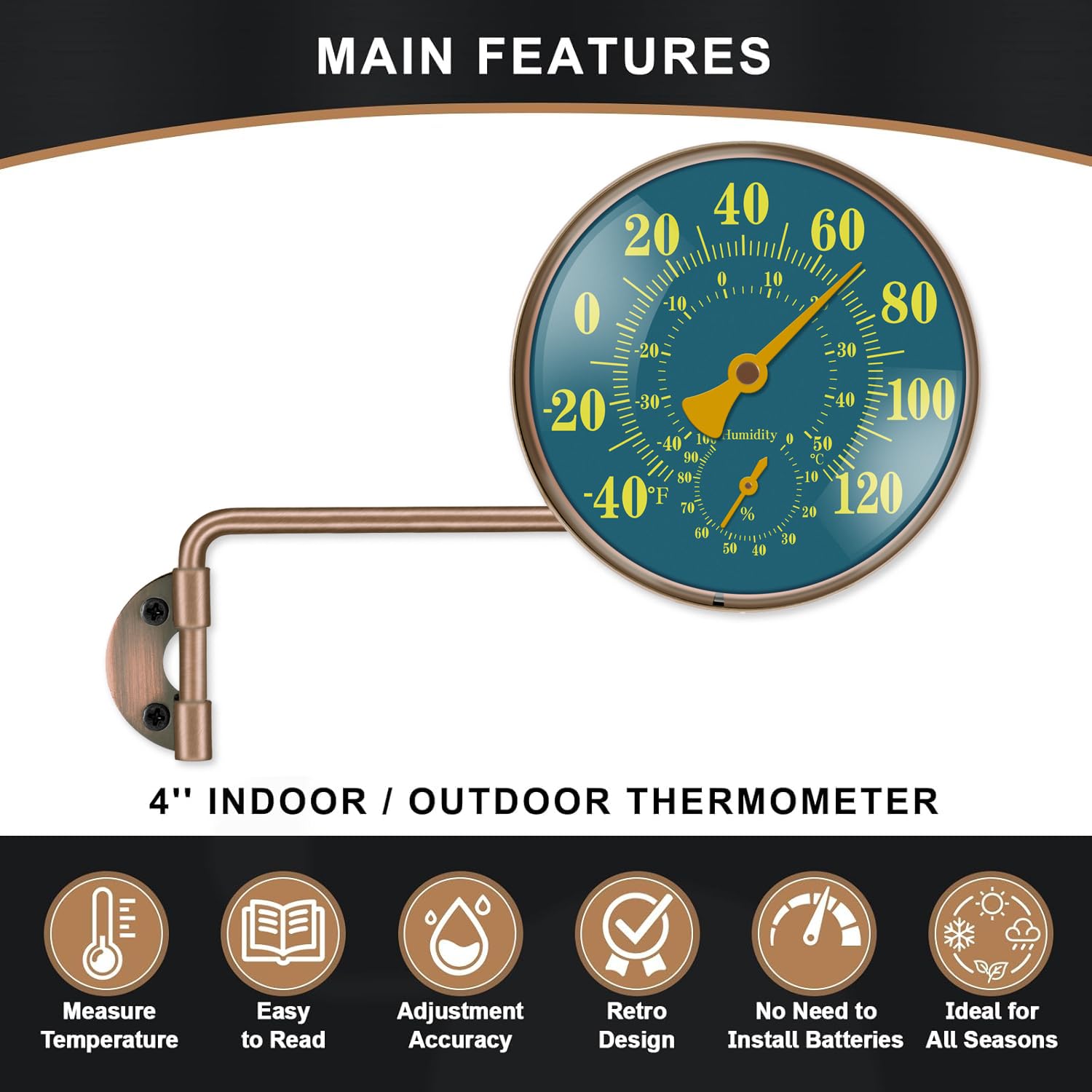 10,2 cm Messing-Außenthermometer, Messing-Schwenk-Temperaturmessgerät mit Luftfeuchtigkeit, Analog-Temperaturanzeige, Außen-dekoratives Thermometer für Terrasse, Fenster, Gewächshaus, Garage (lange