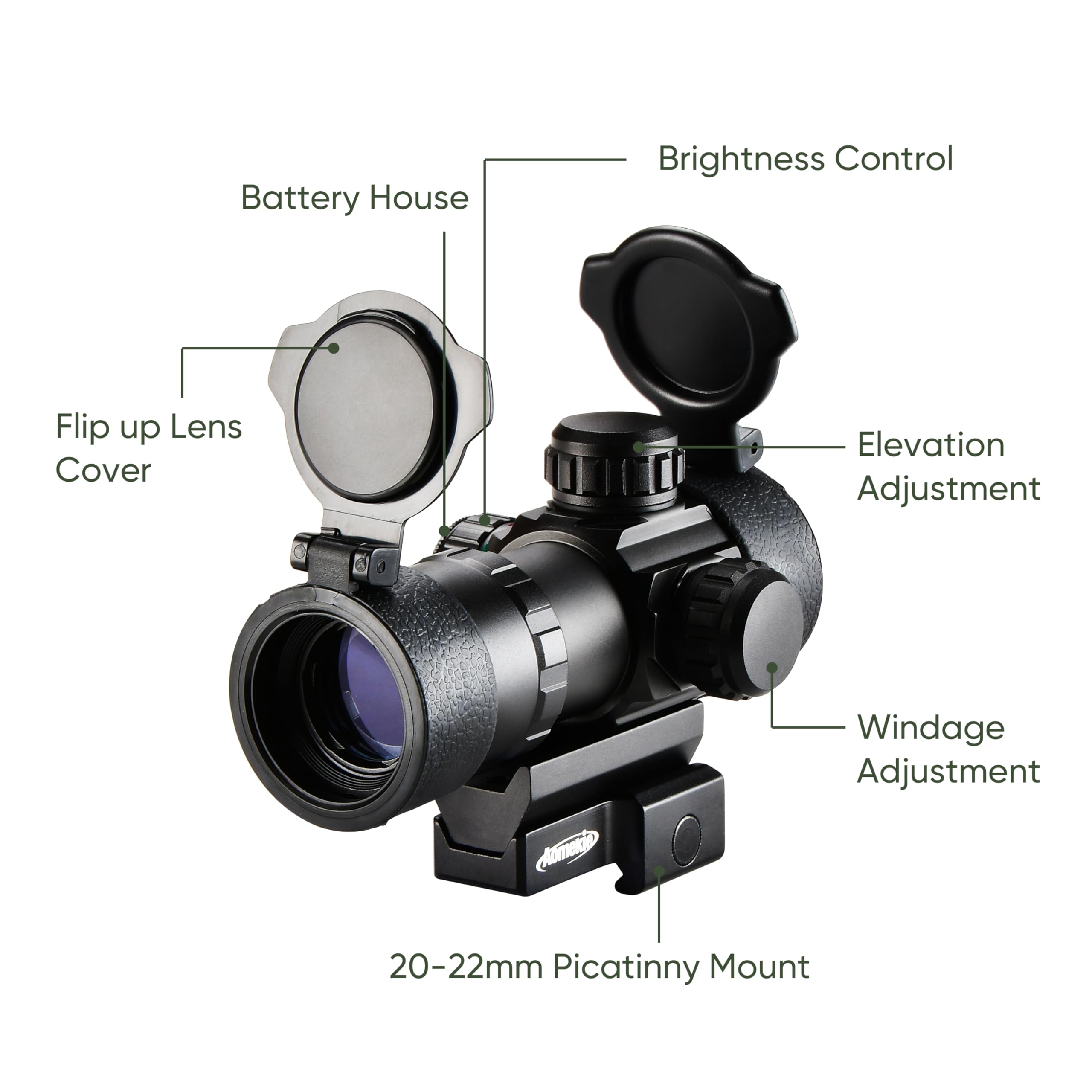 Aomekie Red/Green Dot Sight Airsoft Multi-luminosità Impostazioni Rifle Scope con 20mm/22mm Weaver/Picatinny Rail Mount e Flip up Lens Cover Rifle Scope