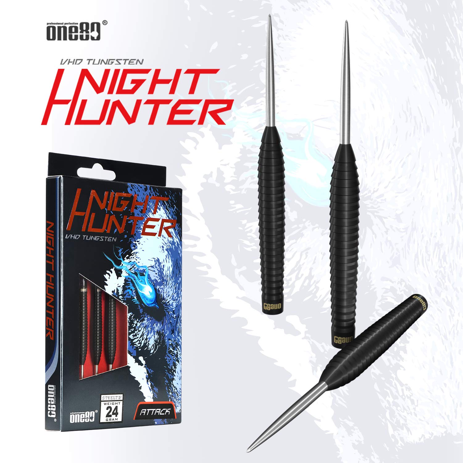 ONE80 Professional Darts Set - 90% Tungsten Steel Tips, Black Chameleon Night Hunter Design