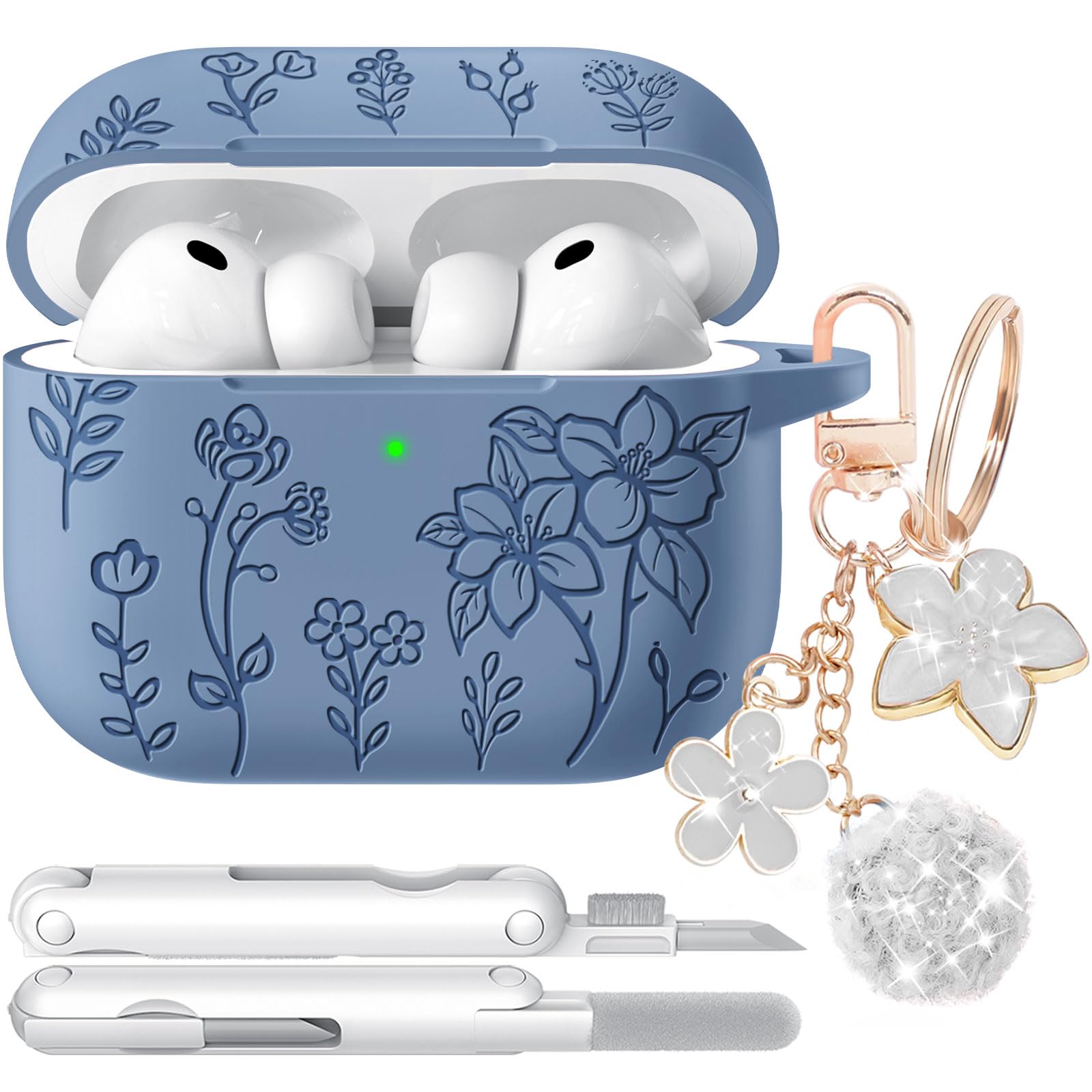for Airpods Pro 3 Case, Flower Engraved Case Cover Compatible with AirPods Pro 3rd Generation 2025, Soft Silicone Cases with Cute Keychain &amp; Cleaner for Women Girly, Shockproof
