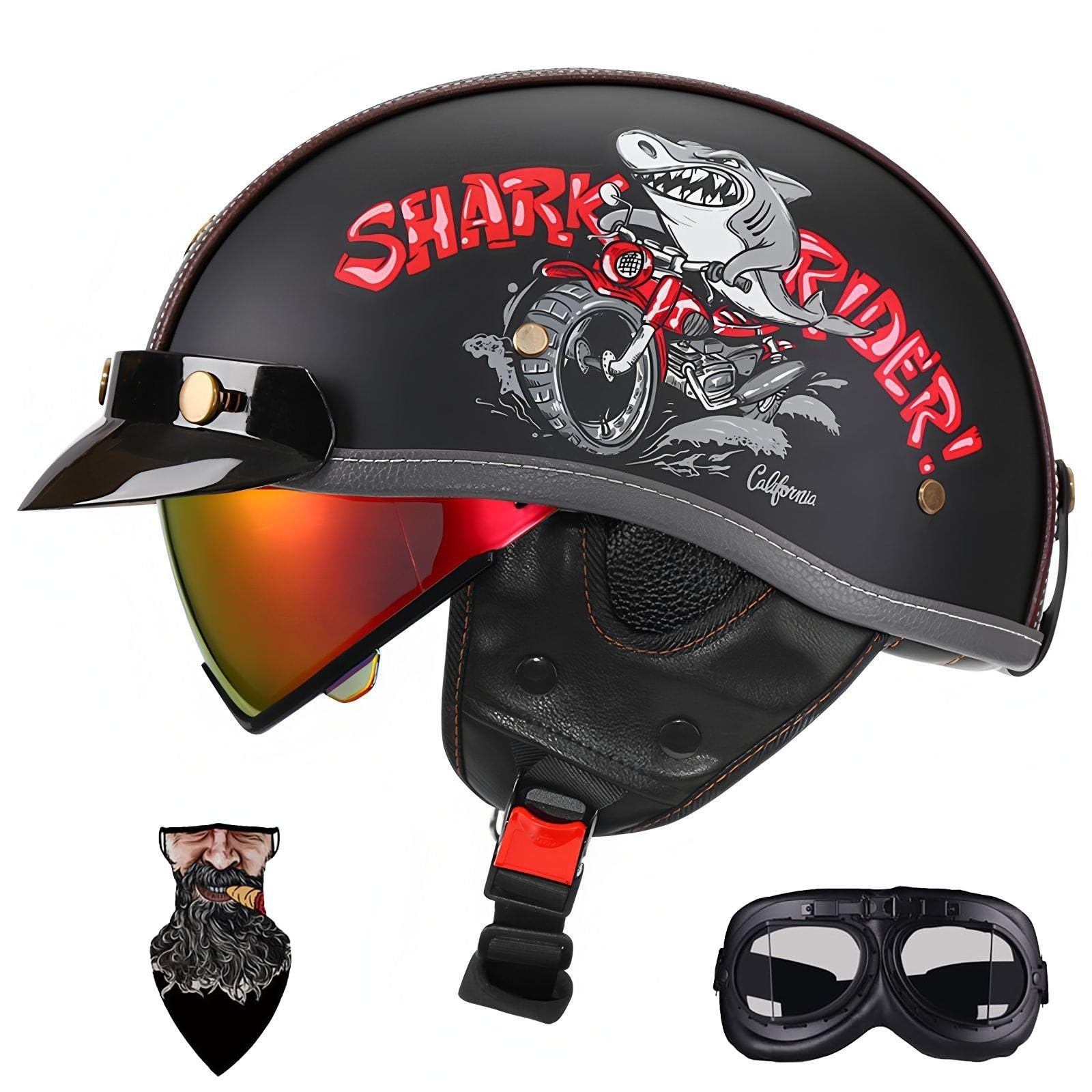 HALYING German Helmet ABS Half Open Face Motorcycle Helmet Adult Men Women Motorbike Helmets Drop Visor Quick Buckle EPS DOT Approved Half Shell Men Women Motor Bike Helmet Men (55-62cm)