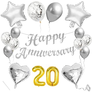 Flyloons 20th Anniversary Decoration Items Silver for Men Women Husband Wife Home Living Room Parent With 10 Pc Confetti Balloons Happy Anniversary Banner 4 Pc Star Heart Set Kit