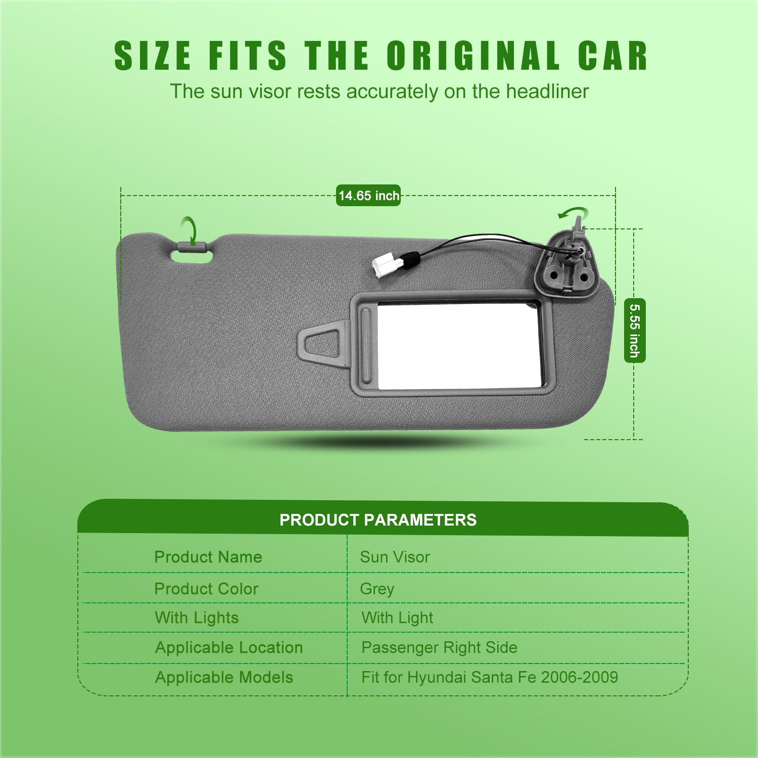 Parasol de repuesto para el lado derecho del pasajero para Hyundai Santa Fe 2006-2009 con luz reemplaza # 852100W110J4 gris (lado derecho (gris)