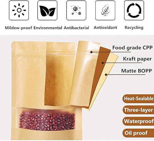 Miniatura 5 de 100 bolsas de papel kraft con cierre de cremallera para ventana, bolsas a granel resellables de 6.2 x 8.6 pulgadas