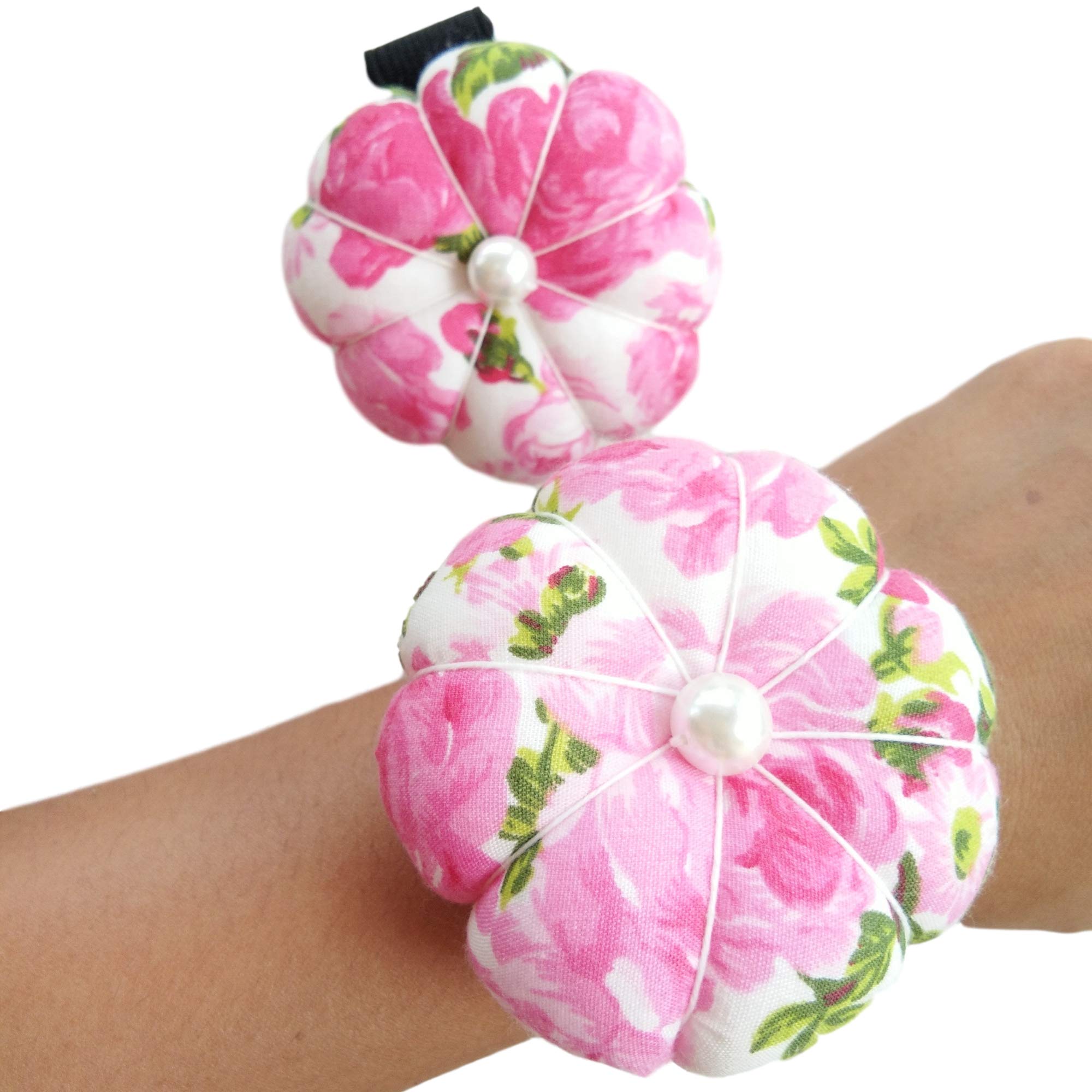 CUSHYSTORE 2X Floral Small Wrist Pin Cushion for Sewing with Adjustable Elastic Strap (Pink&Pink)