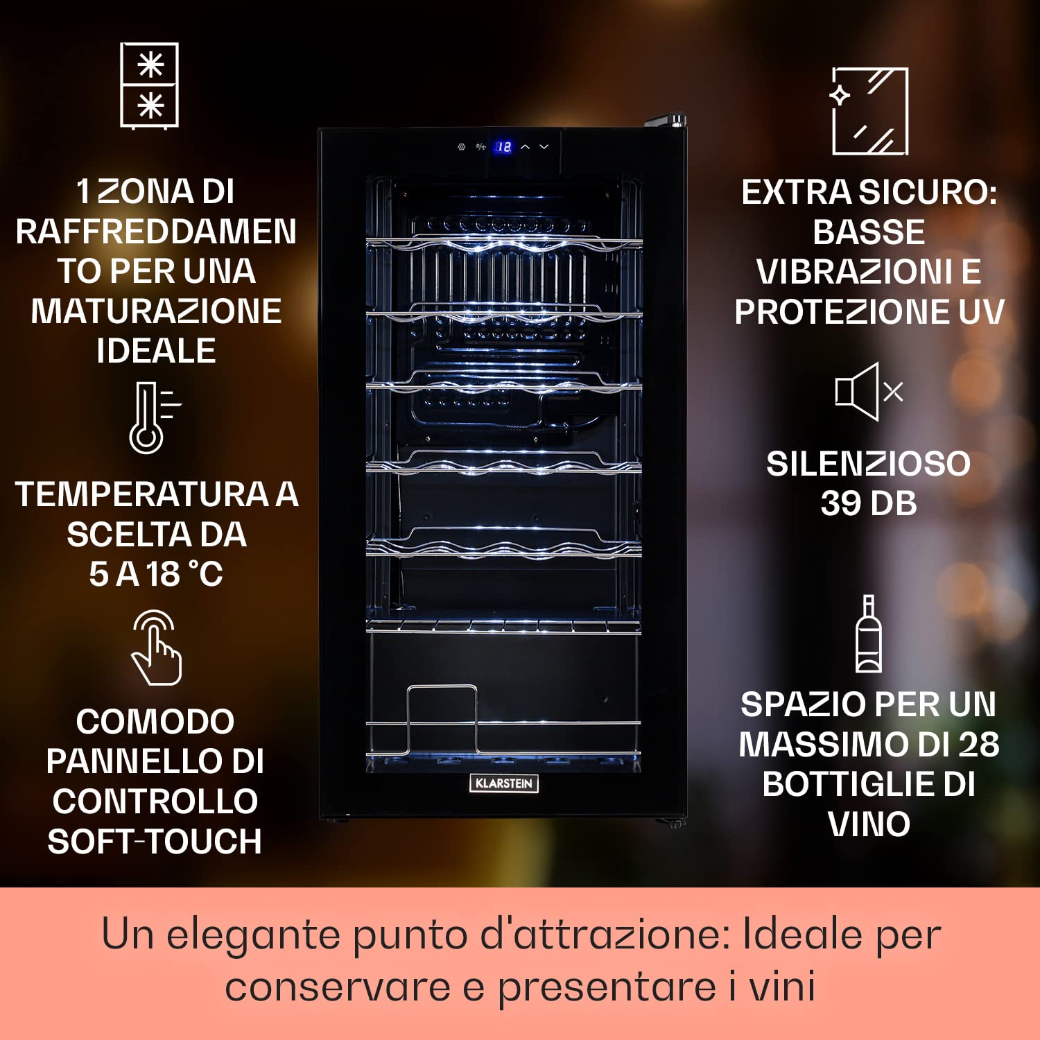 KLARSTEIN Cantinetta Vino Design, Cantinetta Vino Refrigerata a Zona Singola per Vino Rosso, Bianco e Birra, Controlli Touch, Frigo Vino Cantinetta per Esterno/Interno, 5-18°C, 74L, 28 Bottiglie