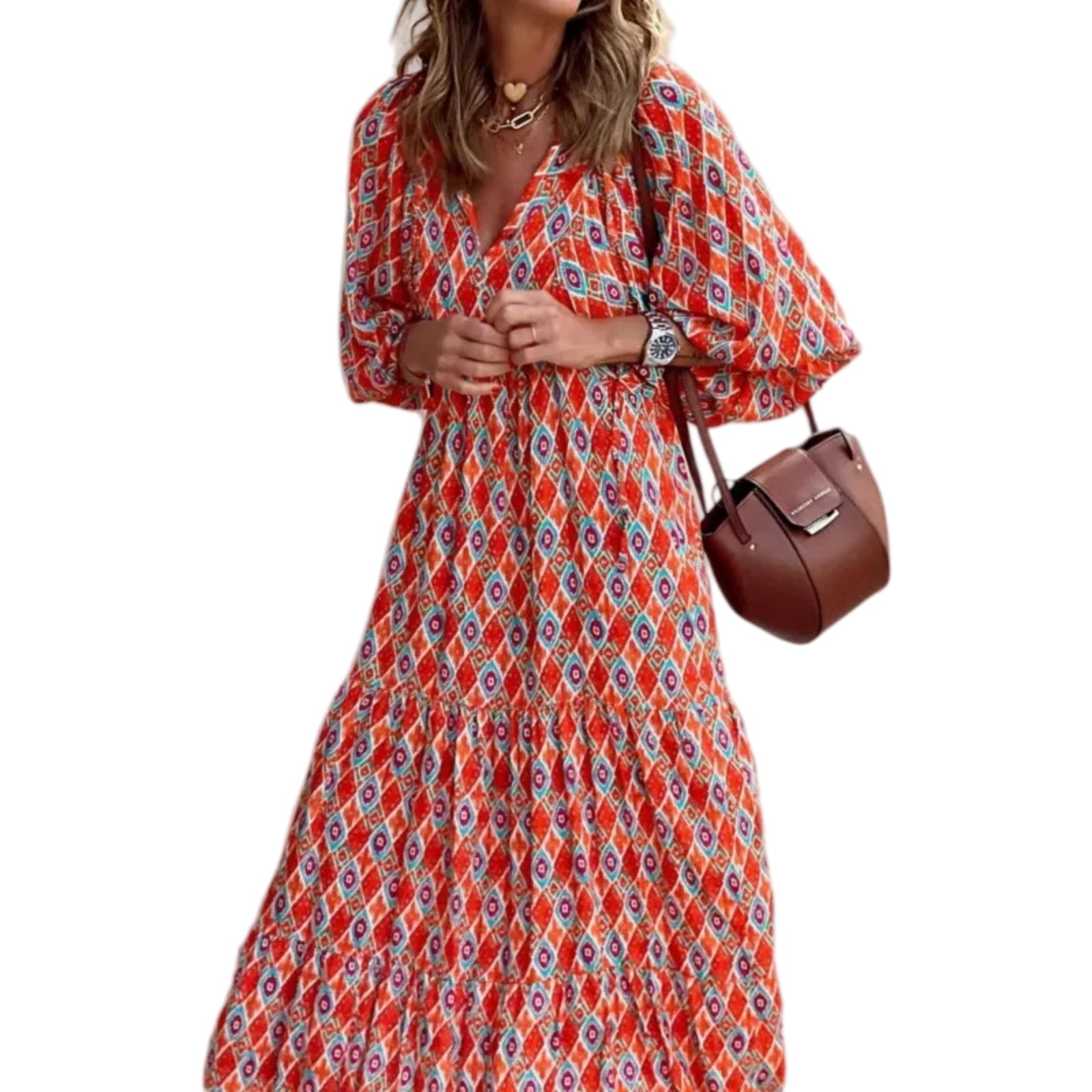 Vestido Largo de otoño de Escote en V con Mangas abullonadas y Multicolor Estampado(Roja-E,as4,Alpha,l,Regular,Regular)