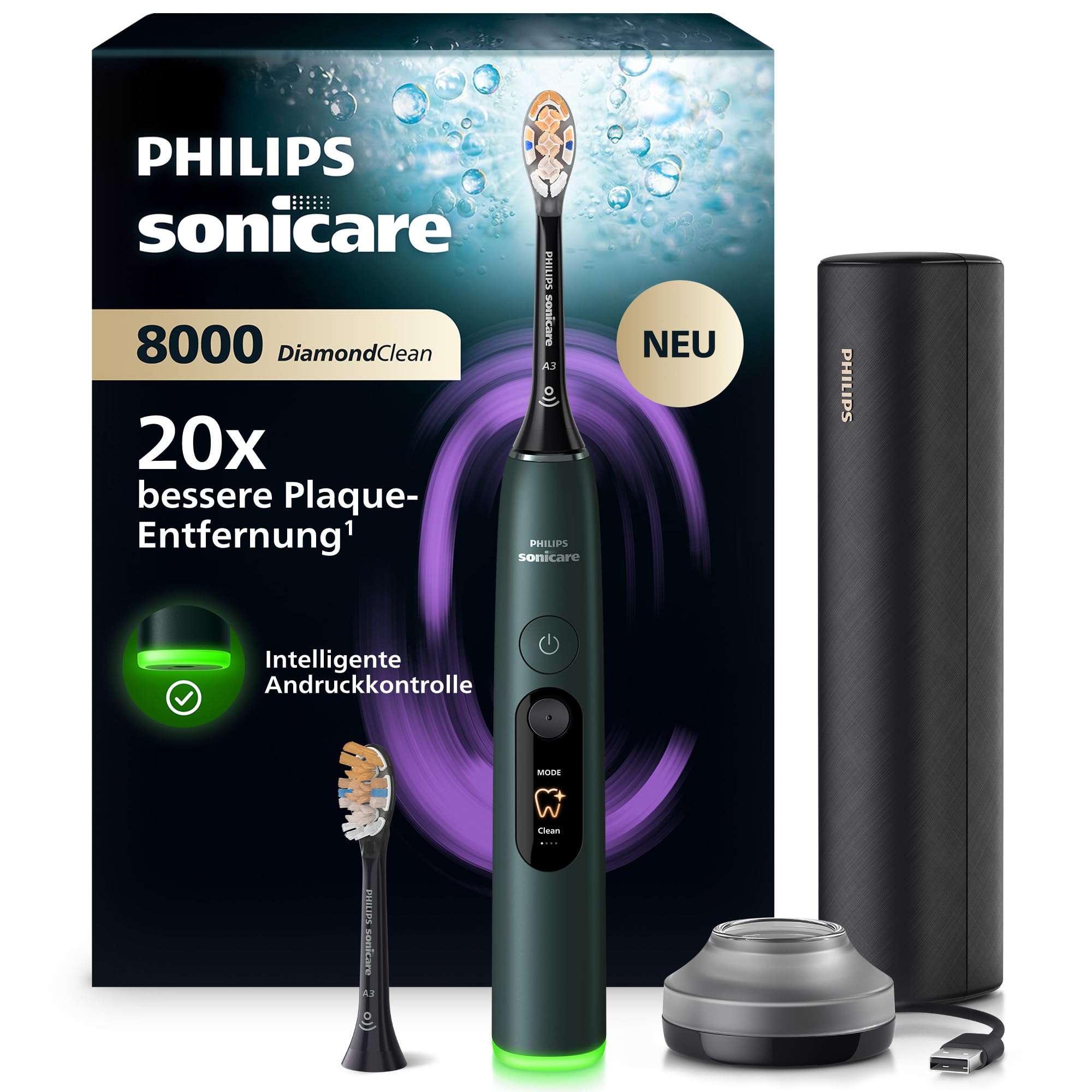 Philips Sonicare Next-Generation DiamondClean 8000 elektrische Zahnbürste – mit intelligenter Andruckkontrolle und 15 Einstellungen, Dunkelgrün, HX8312/14