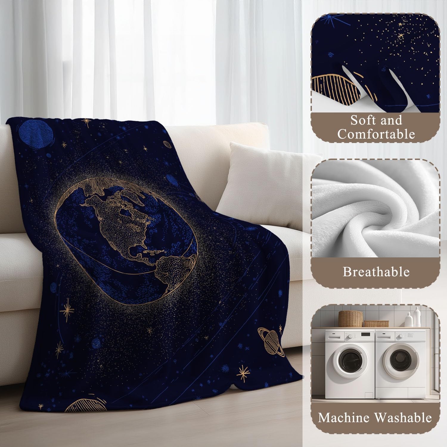 Miękki koc polarowy – 150 x 150 cm, przytulny, flanelowy, pluszowy, puszysty, narzuta na sofę, łóżko, kanapę lub krzesło, niebieski złoty, fantastyczny, tajemnicza przestrzeń, ziemia, prezent dla
