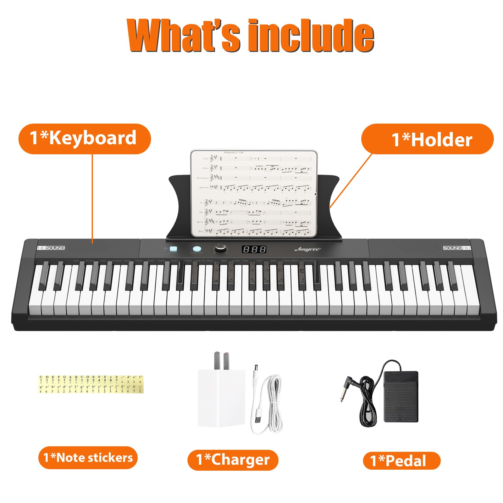 61 Key Keyboard Piano, Protable Electric Semi-Weighted Piano Keyboard for Beginner/Professional, With Power Supply, Built In Speakers, Pedal, Perfect for Birthday or Christmas(without stand)