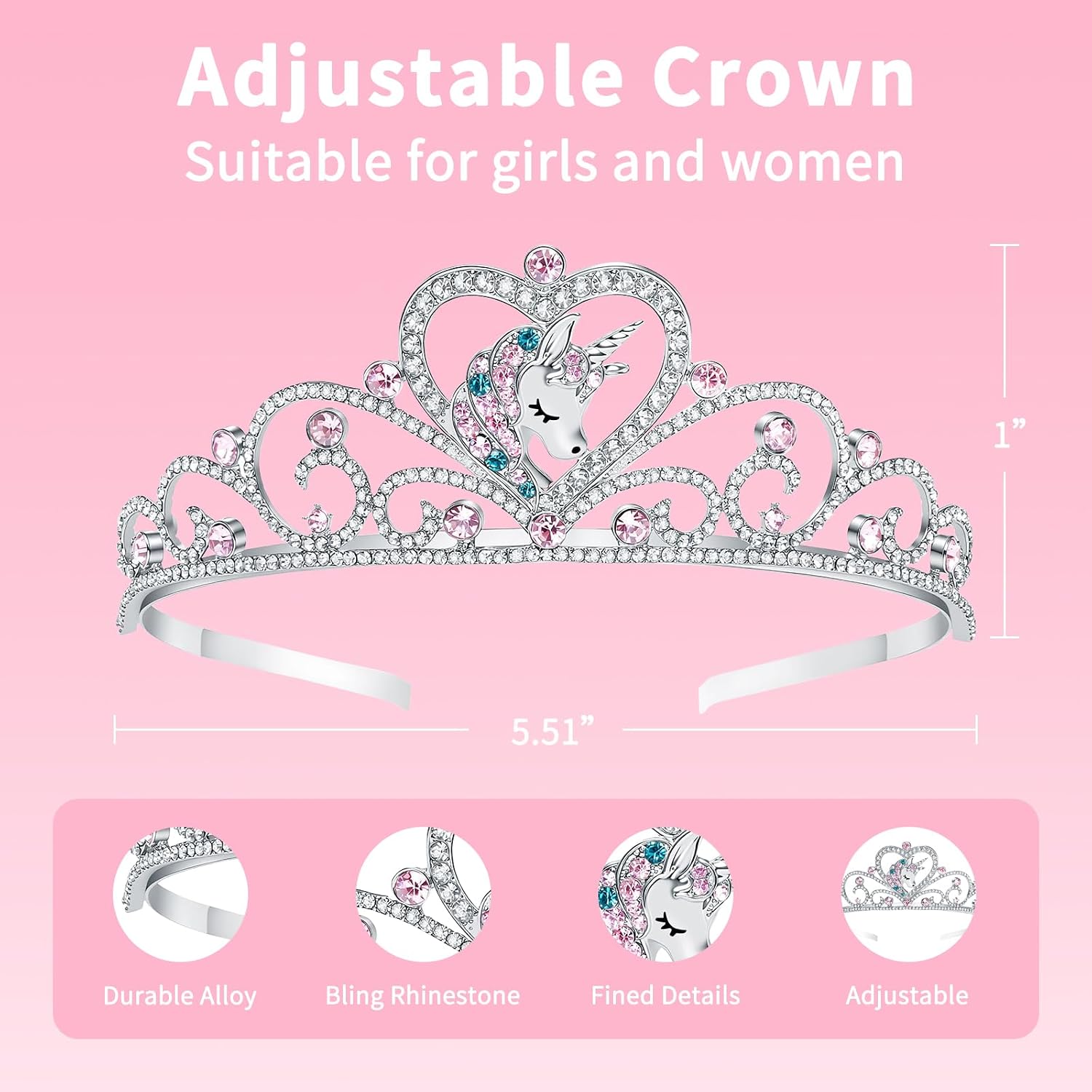 Princess Unicorn Crown Halloween Cosplay Sparkle Gold Crown Crystal Hair Tiara Costume Accessories for Women Girls Birthday Gift