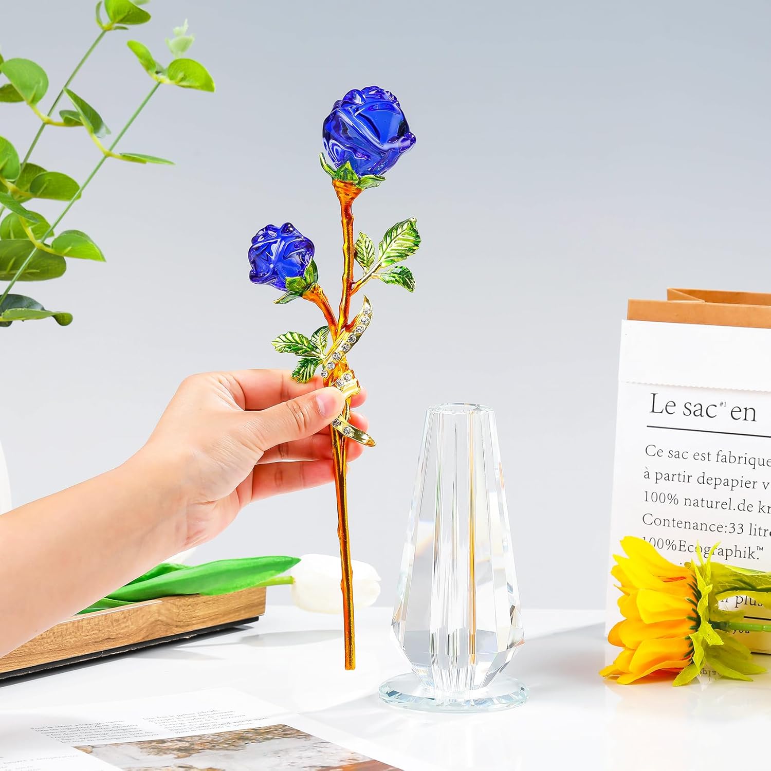 YWHL Handmade Crystal Blue Rose Flower Figurine with Vase, Bouquet Glass Flowers Ornament Rose Gifts for Girlfriend Sister Women, Crystal Flower Home Decor for Anniversary Mother's Day Wedding - Image 6