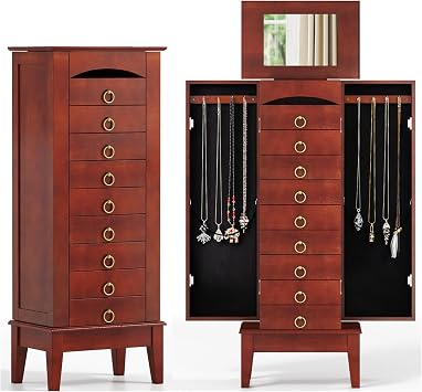 COSTWAY Standing Jewelry Cabinet, Wooden Jewelry Storage Chest with 9 Drawers, 2 Side Doors & Flip Top Mirror, Bedroom Jewelry Armoire with Top Divided Compartments