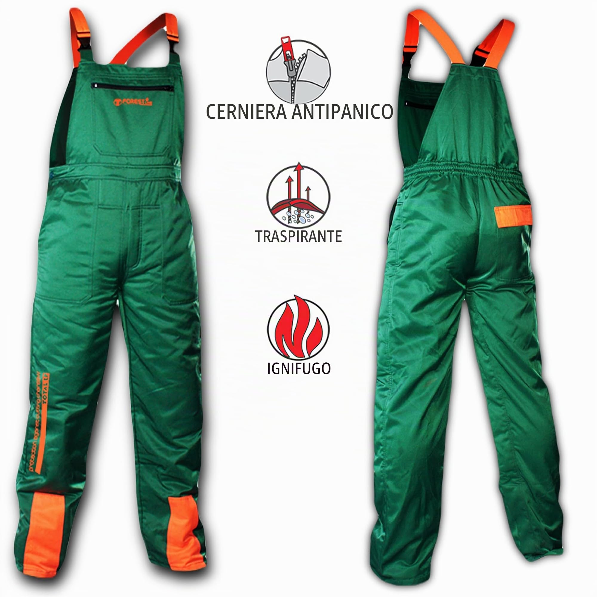 Bricoloco Giacca e Salopette pantaloni antitaglio Motosega 65% Poliestere e 35% Cotone con 12 Strati di Materiale Ritardante Taglio e Fodera 100% Poliestere.