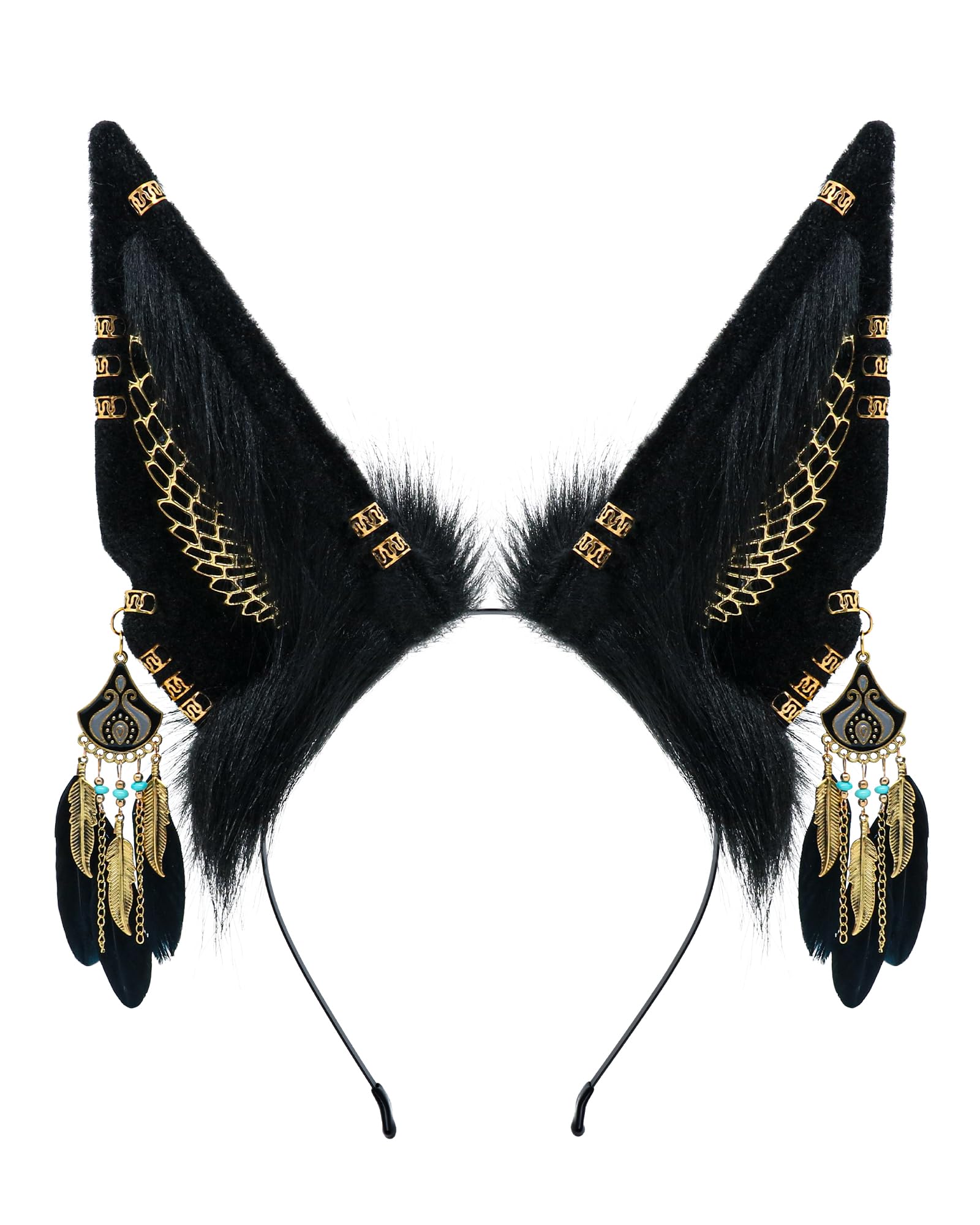 BNLIDES Handmade Furry Animal Ears Headwear Realistic Plush Adult Cosplay Accessory for Party, Anime and Convention Dress-Up (Anubis Black)