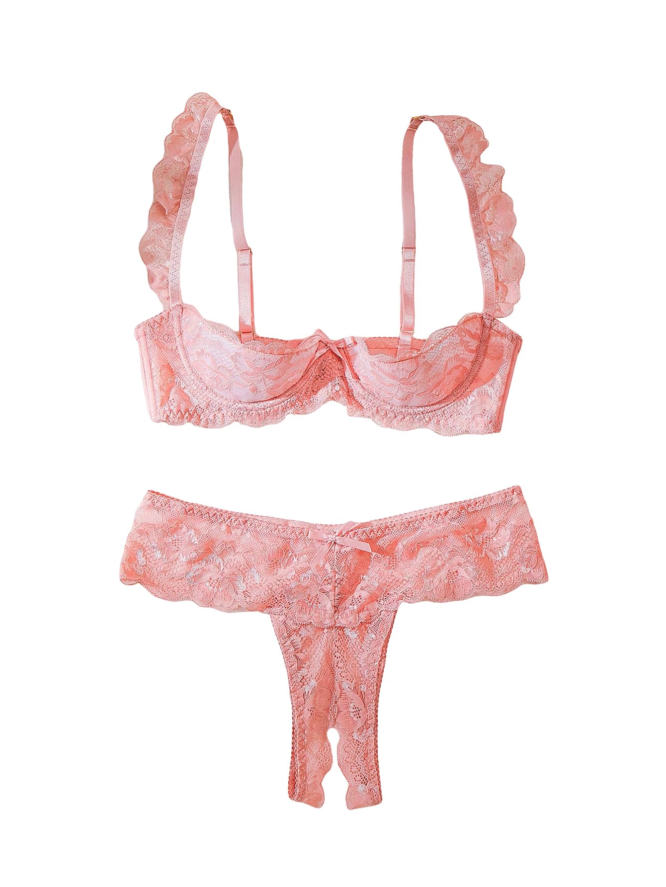 SweatyRocks Women's Lingerie Set Floral Lace Ruffle Shoulder Bra and Panty Underwear Sets