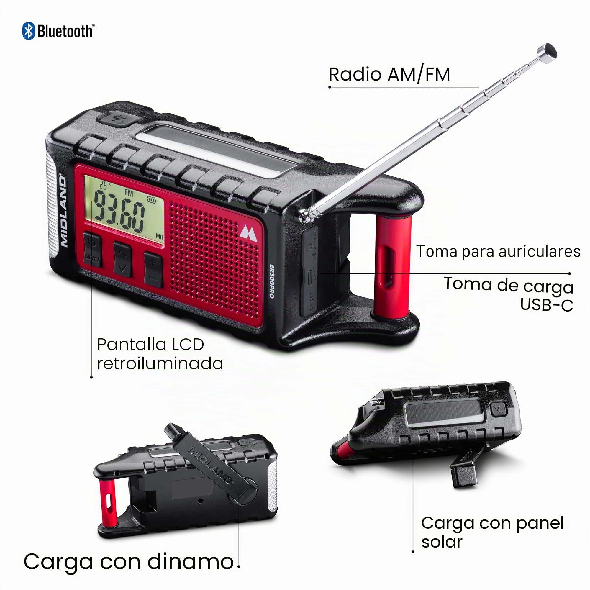 Midland ER300 Pro C1663 - Radio de Emergencia Am/FM y batería Externa USB-C para 2 Smartphones, batería Recargable de Li-Ion, 10.000 mAh, Bluetooth Integrado