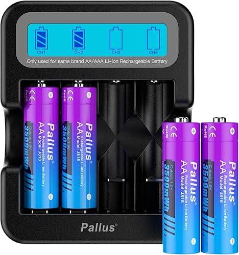 Pallus Baterías recargables AA de litio de 1.5 V, paquete de 4 pilas AA recargables de alta capacidad de 3500 mWh con cargador LCD para cámara de