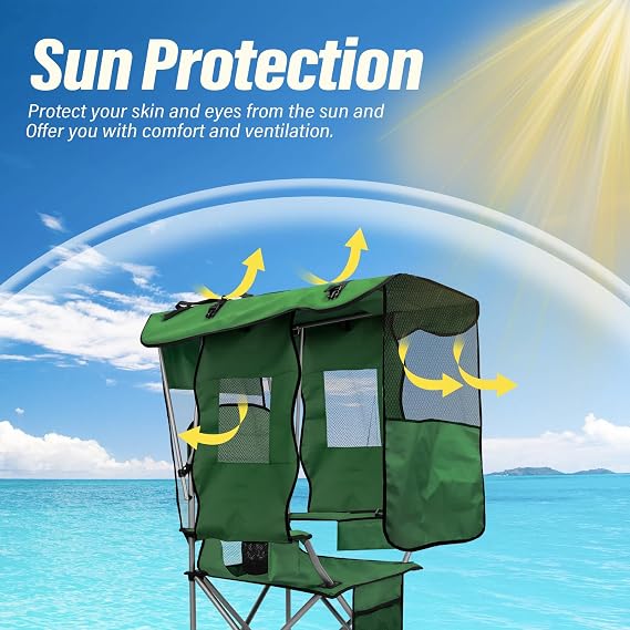 BDL Camping Chair with Canopy Shade Portable Folding Beach Chairs with Cooler, Mesh Backrest, Cup Holder, and Pocket for Camping, Fishing, Beach, and Sports, 2 Pack