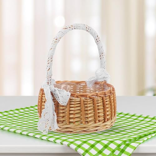 Vista 9 de Cabilock Cesta de mimbre tejida jacquard para niña de flores con un solo mango de 10.23 x 7.87 x 7.87 pulgadas, cesta portátil de ratán para fiesta