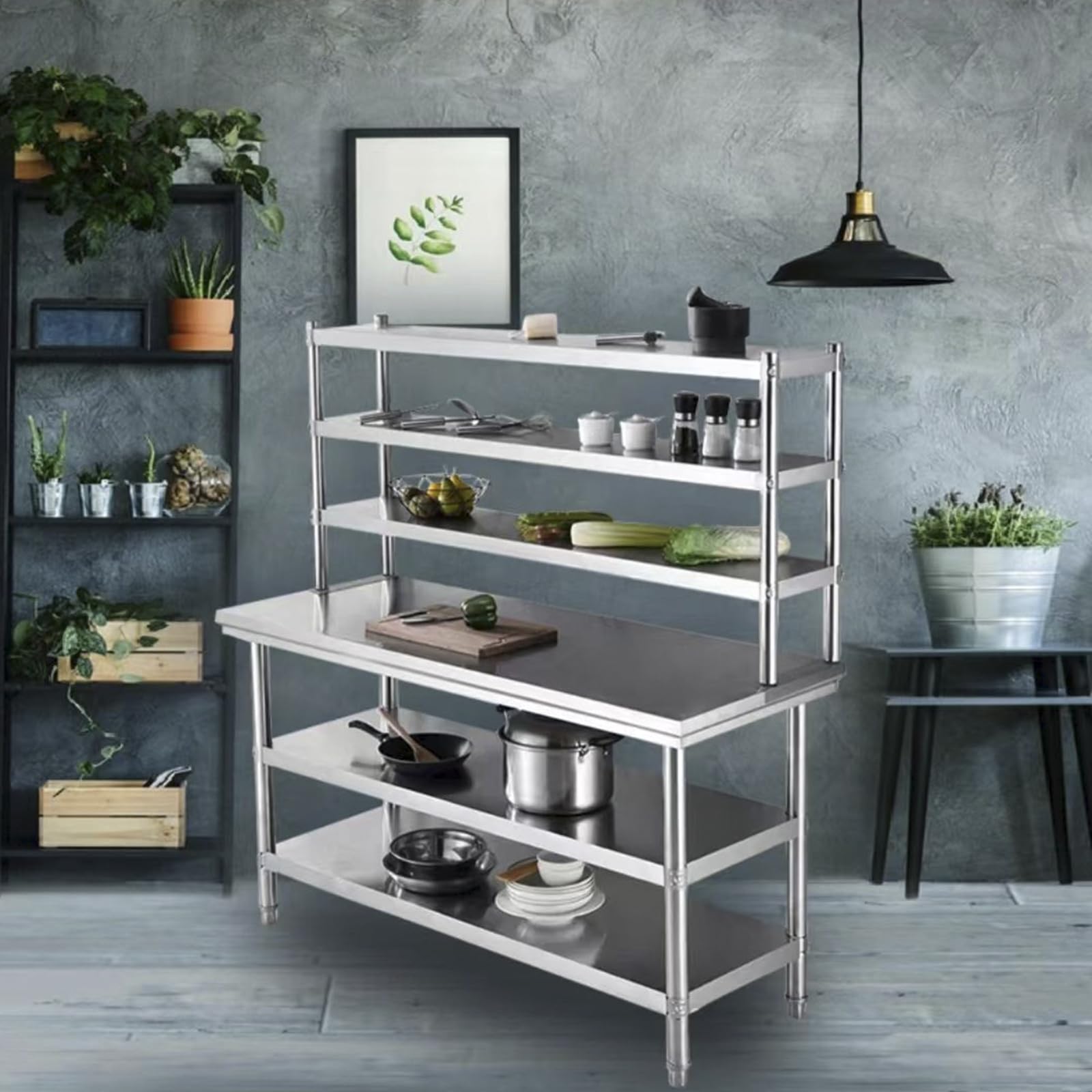 Tavolo da Lavoro in Acciaio Inox con Scaffali,Banco di Preparazione Alimenti da Cucina,Tavolo da Ristorazione Commerciale per Ristorante,Hotel,Garage,Magazzino,Bar,100x80CM/39.3x31.5IN