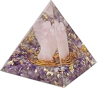 Vista 2 de mookaitedecor Pirámide de orgón de cristal de amatista con ángel de la guarda de cuarzo rosa y piedras rodadas, generador de energía de orgonita