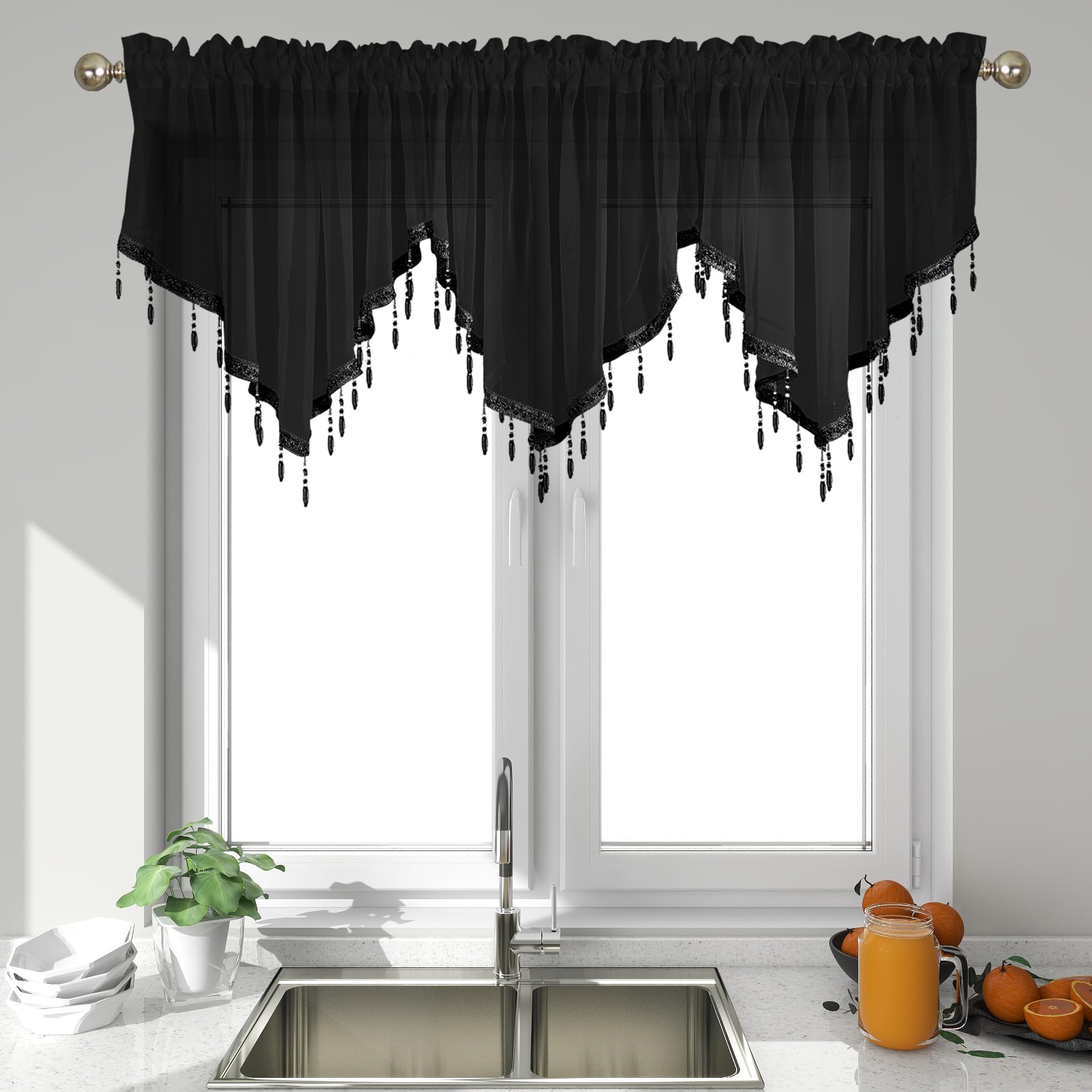 Black 3 Piece Beaded Triangle Sheer Valance Curtains for Windows Kitchen Living Room Bathroom Bedroom Voile Sheer Rod Pocket Short Window Valance Curtains (Black,51"x24")