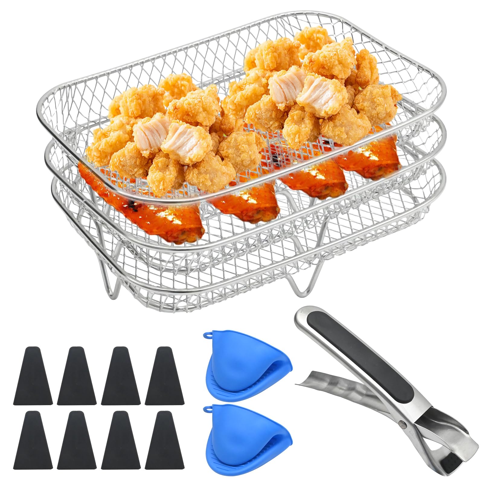 Ollanoos 3Pcs Multi-Purpose Rectangular Air Fryer Rack, Stainless Steel 3-Layer Set with Accessories Replacement for Ninja, Achieve Even Airflow for Crispy Foods