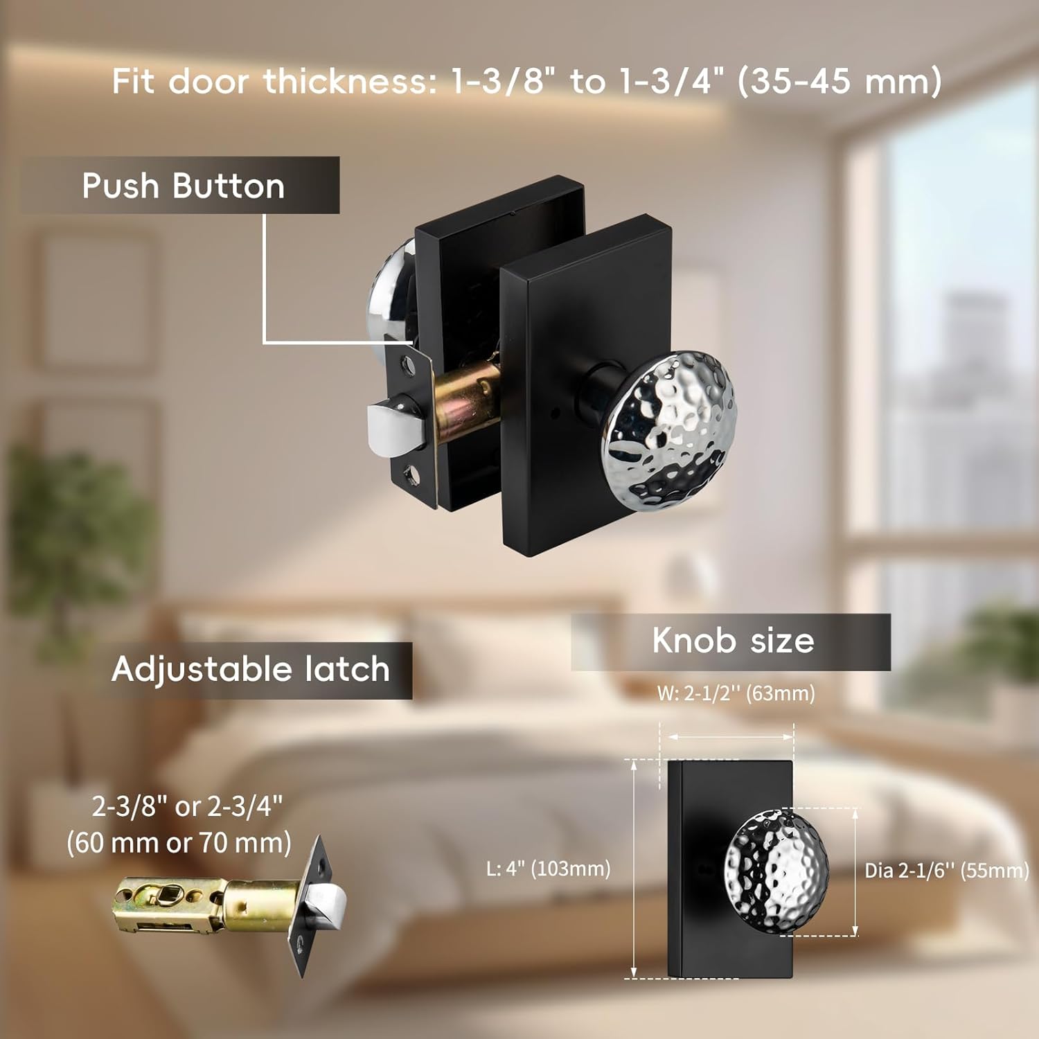 Black Interior Door Knobs, Chrome Interior Door Handles for Bath & Bed, Heavy Duty Door Knob with Lock