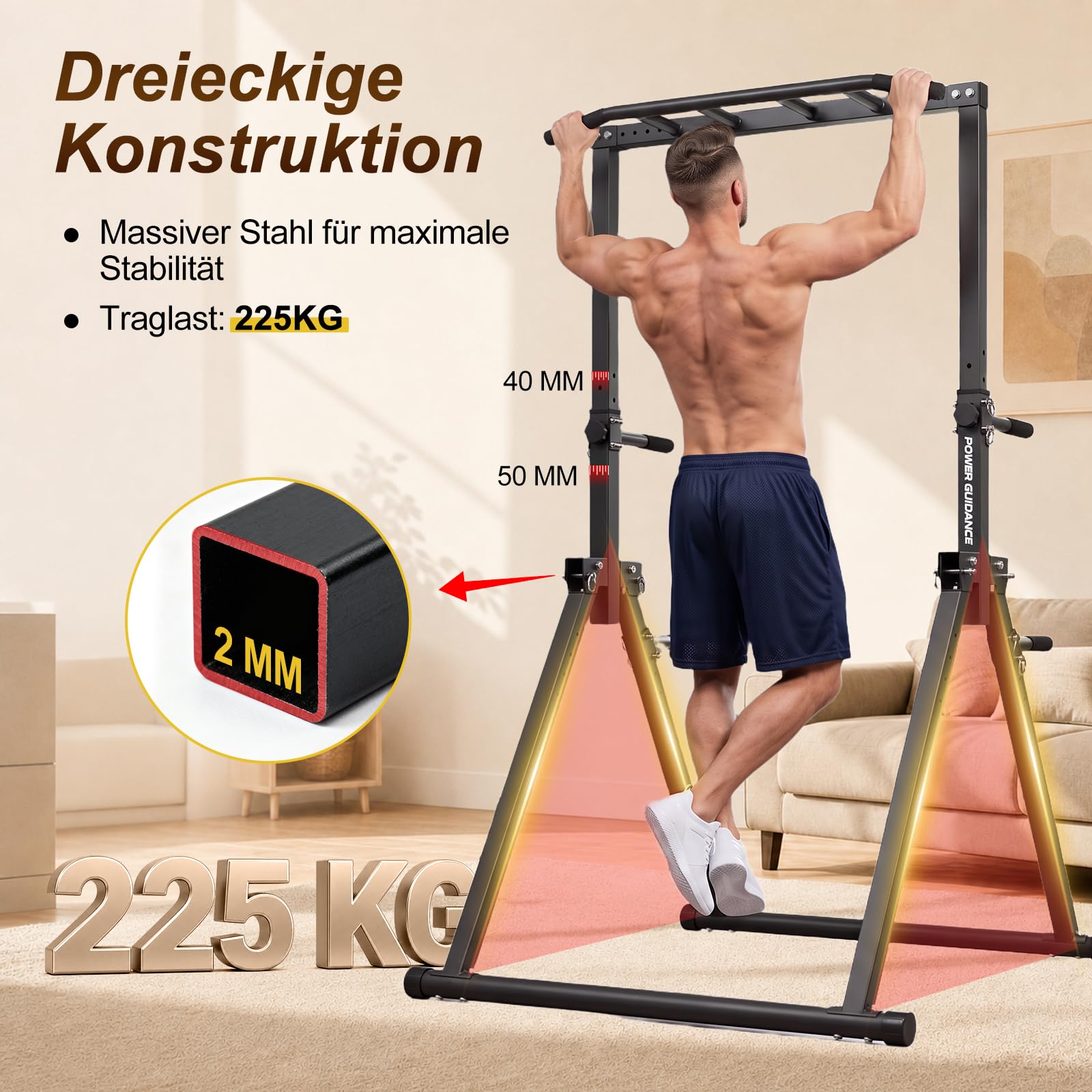 POWER GUIDANCE Faltbar Power Tower Dip Station Klimmzugstange Freistehend Höhenverstellbar Multifunktional Fitness Trainingsgerät für